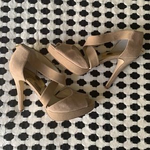 Michael Kors size 8 suede tan heels with straps and slight platform.